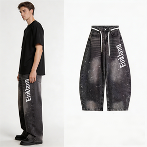 Vaqueros holgados vintage grises para hombre, estilo skater, hip hop, pantalones de mezclilla sueltos con estampado gráfico, lavado blanqueado, algodón pesado, ropa urbana. - Product Image 4