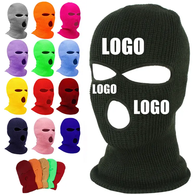 Balaclava personalizada de malha, máscara de crochê com 3 buracos para inverno, impressão, logotipo personalizado