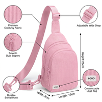 Bolso Bandolera Casual Diario Unisex de Pana Rosa Vintage Personalizado con Correa de Hombro Única Antirrobo y Cierre de Doble Cremallera