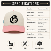 Gorra de Béisbol Personalizada Estilo Street Snapback, Bordado 3D en Relieve, Dos Tonos Crema y Rosa, 6 Paneles, Sarga de Algodón, Logotipo de Silicona