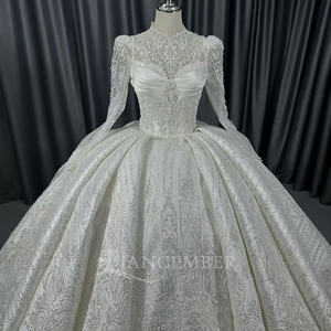 Lscm105 Royal Ivory Sheer Long Sleeve Ball Gown <b>Wedding</b> Dress Heavy Sparkling Floral Embroidery Lace Up Back Jancember - Product Image 5