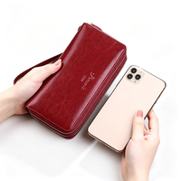 Portefeuille long en cuir de vachette huilé à deux fermetures éclair, multi-compartiments, avec dragonne, pochette téléphone, style rétro, pour voyage et espèces