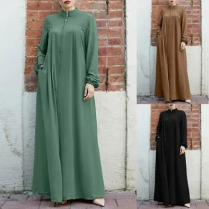 Abaya musulmane élégante à fermeture éclair sur le devant, Jalabiya de Dubaï, longueur au sol, en polyester, faite à la main, robe décontractée pour femme à manches longues et col montant - Product Image 3