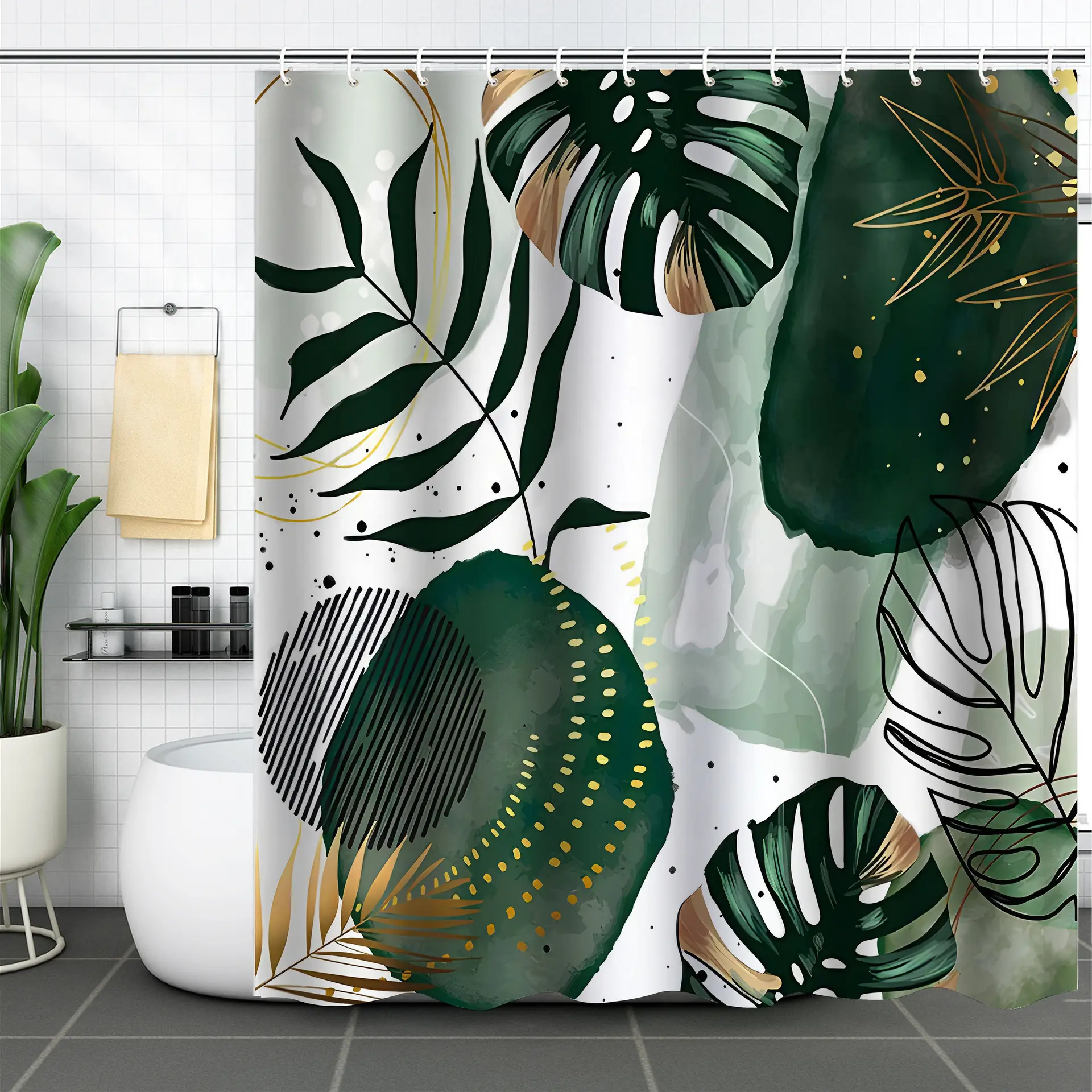 Funny tree Green Chic Abstract Boho Leaves Tropical Minimalist Washable Durable Shower Curtain Set