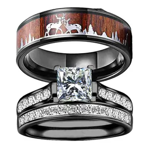 GT2023时尚双鹿8毫米黑色不锈钢男士戒指豪华订婚钻戒情侣结婚戒指套装