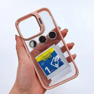 Casing Kickstand tpu seluruh bodi, casing ponsel polikarbonat tahan guncangan tpu + polikarbonat untuk iPhone 15 14 13 12 11 Pro Max dengan lensa kaca tempered