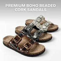 Sandales Bohèmes Perlées en Liège pour Femme, Style Ethnique, à Paillettes, à Double Boucle, avec Soutien de la Voûte Plantaire, Chaussures d'Été de Plage, Vente en Gros OEM ODM C1