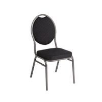 Chaise de banquet empilable en acier, dossier rond ovale, structure métallique foncée, assise rembourrée en tissu noir à pois, mobilier pour hôtels et salles.