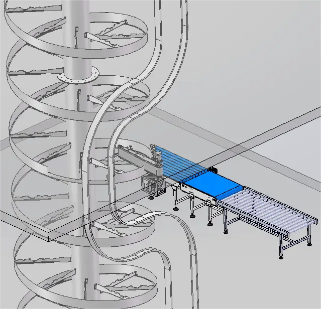 20kgs tote short side leading to transport on spiral conveyor from ground floor to 4th floor