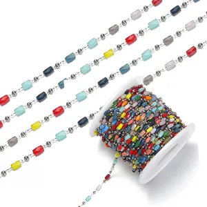 Multi Colors rice grains beaded chain with stainless steel balls and crystal rice grains link chain
