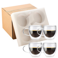 Produk ramah lingkungan 2024 Set cangkir kaca bening dengan 4 buah cangkir kopi cangkir kaca dinding ganda buatan tangan dengan pegangan
