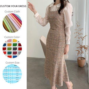 In puro poliestere autunno <span class=keywords><strong>inverno</strong></span> Casual Vintage tinta unita con colletto quadrato <span class=keywords><strong>senza</strong></span> <span class=keywords><strong>maniche</strong></span> stile aderente abito di Tweed marrone per le donne - Product Image 2