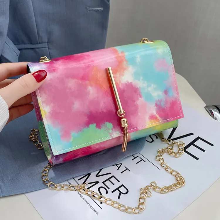 New Arrival Women Fashion Small Square Bag Colorful Chains Shoulder Bag Tassel Pu Leather Crossbody Bag For Ladies