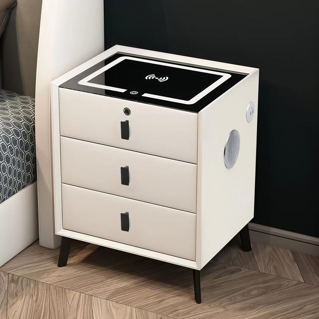 Smart Bedside Table with Charging Station, Adjustable LED, Bluetooth Speaker, USB Ports, Fingerprint Lock,  with Drawers