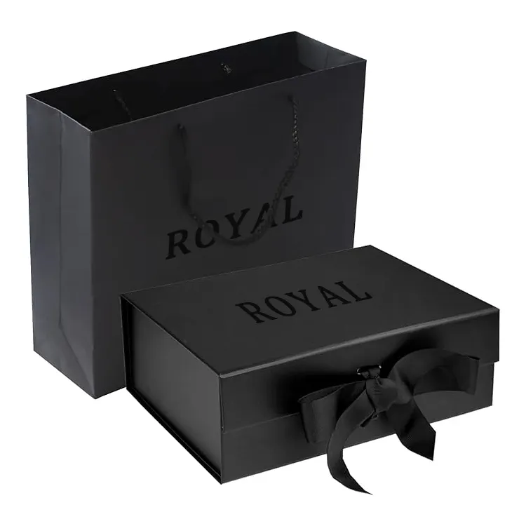 Caja de regalo magnética de lujo, Asa de cinta de embalaje, logotipo personalizado plegable, papel de cartón rígido duro, inserto de ropa negro y rosa