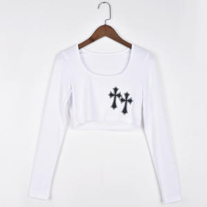 <span class=keywords><strong>Top</strong></span> Corto a Costine con Ricamo a Croce per Donna, Magliette a <span class=keywords><strong>Maniche</strong></span> <span class=keywords><strong>Lunghe</strong></span> Tinta Unita, Abbigliamento Estivo Femminile 2023 - Product Image 6