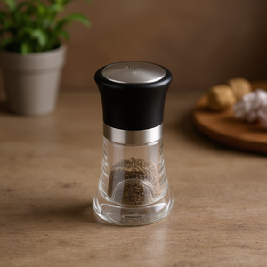 Macinapepe in vetro trasparente con coperchio in plastica nera e fascia in acciaio inossidabile per uso in cucina - Product Image 3