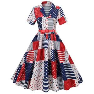 Robe longue décontractée taille haute HP, style Hepburn, élégante, pour femme, imprimé drapeau américain, costumes rétro d'Halloween, 100 % coton, en promotion - Product Image 3