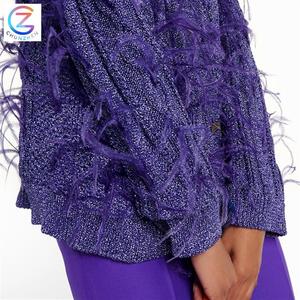 Custom Trimmed Cable Knit <strong>Cardigan</strong> in <strong>Purple</strong> Thick Knitted Warm Casual Sweater Women - Product Image 2