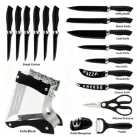 Ensemble de 17 couteaux de cuisine antiadhésifs, lames en acier inoxydable, manche ergonomique en PP, bloc à couteaux avec aiguiseur intégré, boîte colorée