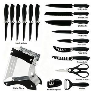 Ensemble de 17 couteaux de cuisine antiadhésifs, lames en acier inoxydable, manche ergonomique en PP, bloc à couteaux avec aiguiseur intégré, boîte colorée - Product Image 1