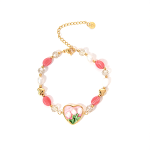 Bracelet à perles tendance plaqué or PVD en acier inoxydable 316L avec breloque cœur et motif tulipe rose - Product Image 2