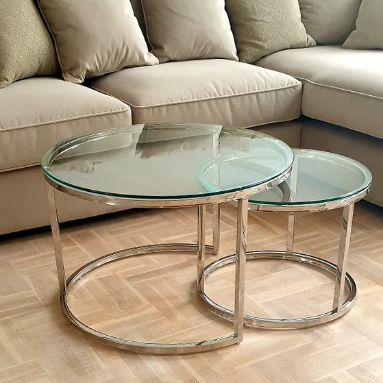 أثاث غرفة معيشة مستديرة مذهبة تصميم إسكندنافي طاولة جانبية فاخرة مركزية من الرخام بها سطح متداخل طاولة قهوة من الزجاج المتداخل