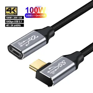 Cable de extensión USB tipo C HD 4K, 100W, PD 5A, ángulo recto, curva de 90 grados, Gen 2, USB 3,1, Cable de extensión tipo C para Macbook, Samsung, portátil