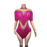 Body sexy en résille transparente noire avec strass et franges, tenue de scène pour chanteuse, danseuse, spectacle, fête, soirée, club