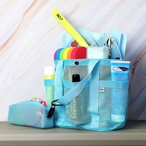 Sac fourre-tout en maille bleue personnalisable avec logo imprimé, sac de plage d'été en polyester noir grande maille, collection 2025 - Product Image 5