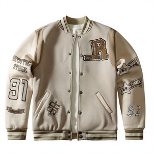 Chaqueta Varsity Crema al por Mayor con Parches Gráficos Marrones y Ribetes en Contraste, Chaqueta Letterman Vintage Personalizada - Product Image 1