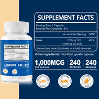 Complément alimentaire à base de vitamine B9, acide folique, complexe B, capsules molles 500 mg, naturel, pour adultes, 240 capsules par flacon