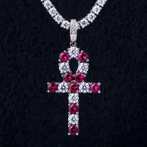 KRKC&CO Hip Hop Pendant Men and Women Two Tone Pink Ankh Cross Pendant Zircon Iced Out Ruby Crosses Religious Pendant