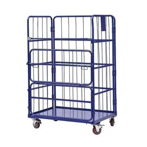 Powder Coating Warehouse Laundy House Use Security Folding Steel Wire Rolling Collapsible Metal Laundry Rolling Cart Cage