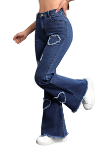 YUANBOFEI Nouvelle Collection <span class=keywords><strong>Jean</strong></span> Évasé en Denim de Haute Qualité pour <span class=keywords><strong>Femme</strong></span>, Style Vintage Délavé, Effet Délavé, Ourlet <span class=keywords><strong>Brut</strong></span> et Découpes Cœur - Product Image 4