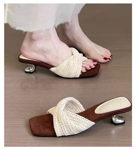 Elegant Square Toe Heeled <b>Sandals</b> With Knitted Bow Suede Upper Low Block Heel Summer Women Shoes Drop Shipping - Product Image 4