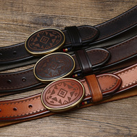 Sabuk Desain Vintage Sabuk Tren Mode Sabuk Kulit Gesper Pelat Berukir Laser untuk Pria Sabuk Pria Asli Sabuk Jeans Pria