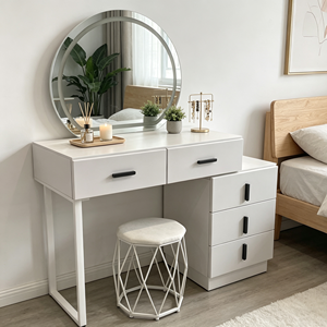 Modern <b>Makeup</b> Vanity <b>With</b> Oval <b>Mirror</b> Storage Drawers Bedroom Dressing Table <b>With</b> Stool - Product Image 2