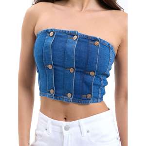 Top Corto Tipo Bustier de Mezclilla Lome, Sin Tirantes, Azul, Top de Moda para Mujer, 100% Algodón - Product Image 1