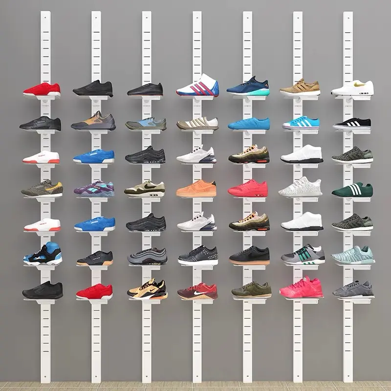 Rak Display sepatu slot Tiongkok wal untuk desain toko disesuaikan sepatu olahraga multilapis pajangan dudukan