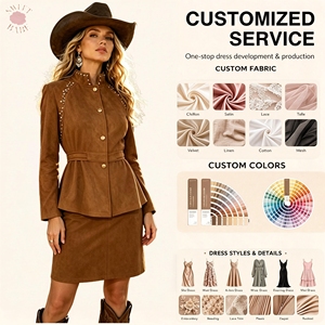 Ensemble chic pour femme, style western, deux pièces, veste cintrée à col montant et manches longues avec ceinture et jupe midi, tenue assortie pour le quotidien et la rue - Product Image 1