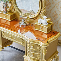 Coiffeuse de style européen avec miroir et tabouret, inspirée du style français, en bois massif avec détails sculptés, 13 mètres de long, cinq tiroirs
