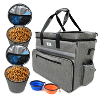 Sac à dos de transport portable MJ pour animaux de compagnie, sac de voyage pour chien en tissu Oxford gris tendance, 2 contenants pour nourriture, bols pliables, fermeture éclair