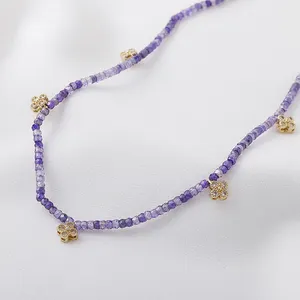 Linterni — collier ras du cou en pierre naturelle, bijoux tendance, style bohémien, perles à facettes, breloques florales, pendentif violet en Agate