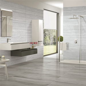 Carreaux de porcelaine antidérapants aspect bois <span class=keywords><strong>rustique</strong></span> pour sol et mur de salle de bain, avec accents en brique réfractaire - Product Image 1