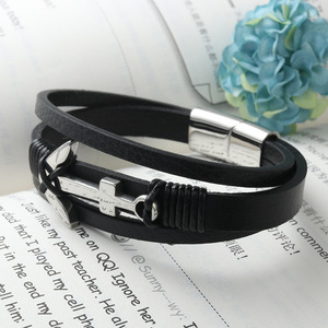 Anchor <b>Leather</b> <b>Bracelet</b> Black Stainless Steel Men's Gift Jewelry - Product Image 3