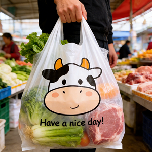 Soft Translucent White Cute Cow Pattern Plastic Grocery Shopping Bag 'Have Nice Day' Slogan Durable Hualong HL2004467 Customized