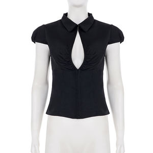 T-shirt décontracté sexy Y2K respirant et écologique à manches courtes avec col à revers et boutons sur le devant en Spandex/Polyester pour femme - Product Image 5