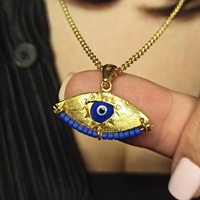 Collier Pendentif de Couple Rétro Européen-Américain, Perlé Fait Main, Œil Turc Coloré, Plaqué Or 18K sur Tungstène, Maillons en Forme de O