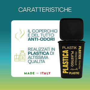 Set di 4 bidoni per la raccolta differenziata da 50 litri con coperchio antiodore ed etichette multilingue - Product Image 4